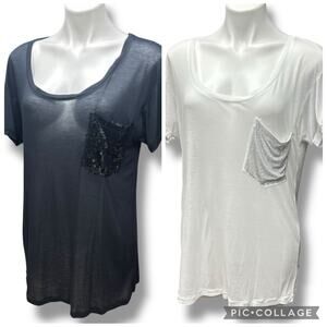 Y2K Express T Shirts 2 Sheer Embellished Pockets Black White Studded Sequins M